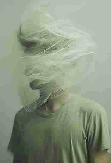 Visage de femme enfermé dans un tulle